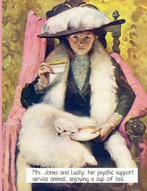 Life is funny. Mrs. Jones and Lucky, her psychic support service animal, enjoying a cup of tea.: College Ruled Composition Size 7.4 x 9.7 inches Softc by Kathryn Maloney