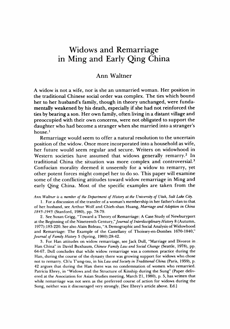Widows and Remarriage in Ming and Early Qing China by Ann Waltner | The ...