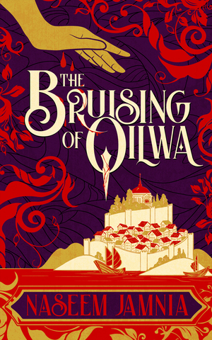 blood-dripping hand reaches over a city framed in decorative flowery illustrations on book cover