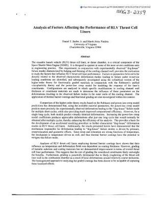 Analysis of Factors Affecting the Performance of Rlv Thrust Cell Liners by National Aeronautics and Space Adm Nasa