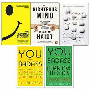 Happiness hypothesis, the righteous mind, coddling of the american mind hardcover, you are a badass at making money 5 books collection set by Jen Sincero, Jonathan Haidt