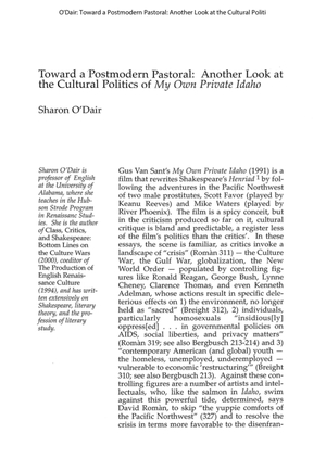 Toward a Postmodern Pastoral: Another Look at the Cultural Politics of My Own Private Idaho by Sharon O'Dair