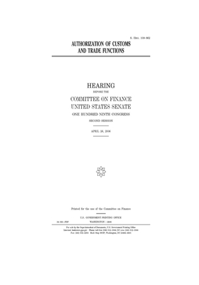 Authorization of customs and trade functions by Committee on Finance (senate), United States Senate, United States Congress