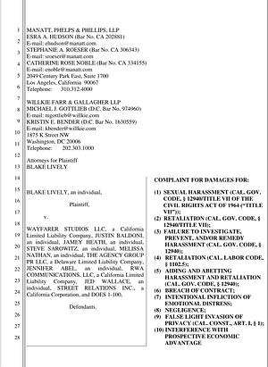 Blake Lively Legal Complaint by WILLKIE FARR & GALLAGHER LLP, MANATT, PHELPS & PHILLIPS, LLP