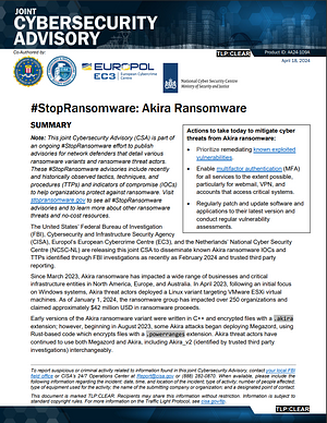 #StopRansomware: Akira Ransomware by Cybersecurity and Infrastructure Security Agency (CISA), Europol’s European Cybercrime Centre (EC3), Federal Bureau of Investigation, National Cyber Security Centre (NCSC-NL)
