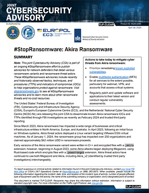 #StopRansomware: Akira Ransomware by Cybersecurity and Infrastructure Security Agency (CISA), Federal Bureau of Investigation, National Cyber Security Centre (NCSC-NL), Europol’s European Cybercrime Centre (EC3)