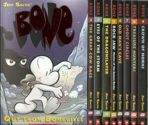 Bone Complete Set, Volumes 1 9: Out From Boneville, The Great Cow Race, Eyes Of The Storm, The Dragonslayer, Rock Jaw, Old Man's Cave, Ghost Circles, Treasure Hunters, And Crown Of Horns by Jeff Smith