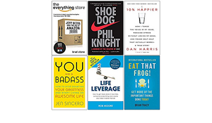 The Everything Store, Shoe Dog, 10% Happier, You Are a Badass, Life Leverage, Eat That Frog 6 Books Collection Set by Jen Sincero, Brad Stone, Brian Tracy, Rob Moore, Phil Knight, Dan Harris