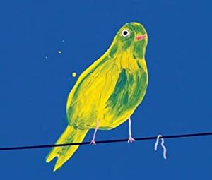 Yellow bird with worm. by David Shrigley