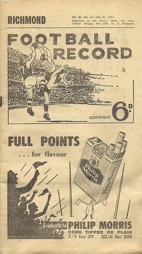 1957 Round 17 Footy Record Richmond vs. South Melbourne by 