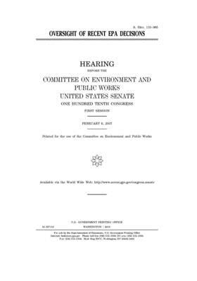 Oversight of recent EPA decisions by Senate (senate), United States Congress, United States Senate