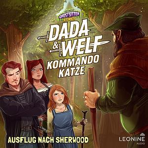 Ausflug nach Sherwood by Tommy Krappweis, das Cover zeigt eine Zeichnung von einem Mädchen, einer Frau und einem Mann, die einem weiteren Mann - in typischen Robin Hood-Klamotten - in einem Wald gegenüber stehen und skeptisch dreinblicken.