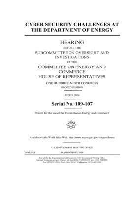 Cyber security challenges at the Department of Energy by United S. Congress, United States House of Representatives, Committee on Energy and Commerc (house)