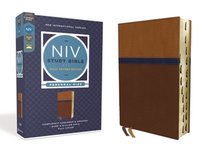 NIV Study Bible, Fully Revised Edition, Personal Size, Leathersoft, Brown/Blue, Red Letter, Thumb Indexed, Comfort Print by 