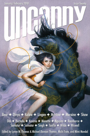 Uncanny Magazine Issue 20: January/February 2018 by Arkady Martine, Sofia Samatar, Vandana Singh, Marissa Lingen, John Wiswell, Elizabeth Bear, Fran Wilde, S.B. Divya, Ana Hurtado, Rebecca Roanhorse, Caroline M. Yoachim, R.K. Kalaw, Nitoo Das, Del Samatar, Vivian Shaw, Sunny Moraine, Michael Damian Thomas, Sarah Monette, Iori Kusano, Lynne M. Thomas, Sonya Taaffe