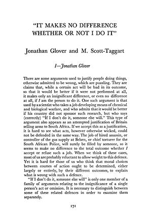 It Makes No Difference Whether or Not I Do It by Jonathan Glover