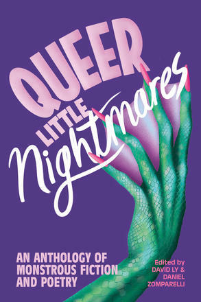 drag queen esque green hand, scaly and webbed, splays pink fingernails on book cover
