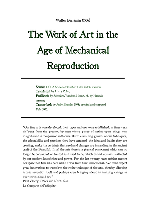 The Work of Art in the Age of Its Technological Reproducibility by Walter Benjamin