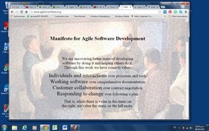 Manifesto for Agile Software Development by Jon Kern, Kent Beck, Arie van Bennekum, Mike Beedle, Jim Highsmith, Alistair Cockburn, Ken Schwaber, Dave Thomas, Brian Marick, Ron Jeffries, Steve Mellor, Robert C. Martin, Ward Cunningham, Andrew Hunt, James W. Grenning, Martin Fowler, Jeff Sutherland