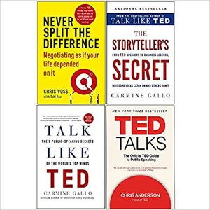 Never Split the Difference, The Storyteller's Secret, Talk Like TED, TED Talks 4 Books Collection Set by Carmine Gallo, Chris Anderson, Tahl Raz, Chris Voss